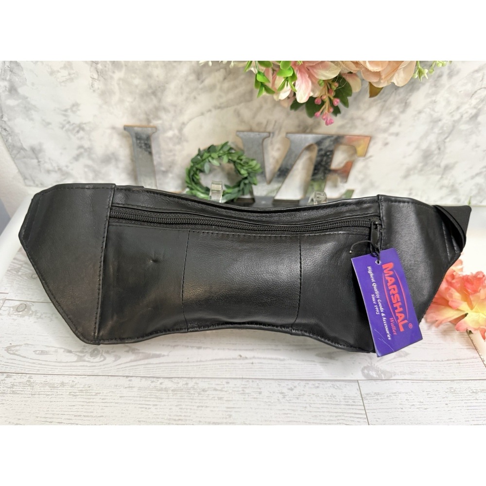 Marshal Black Leather Ultra Thin Money Belt Fanny Pack Under Clothes Zip Pockets